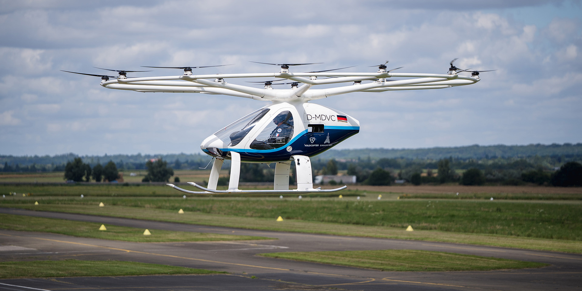 Crewed Volocopter eVTOL flying at Aerodrome of Saint-Cyr-l'École